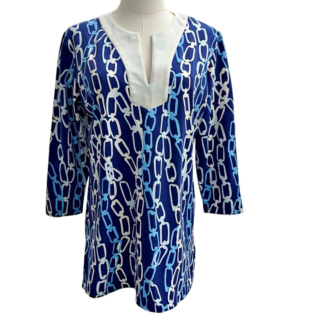 J McLaughlin Blue Geo Chain Knit Top Catalina Cloth Nylon Shift Scoop Neck MED
